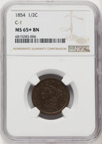 1854 1/2 C C-1 BN Half Cent NGC MS65+