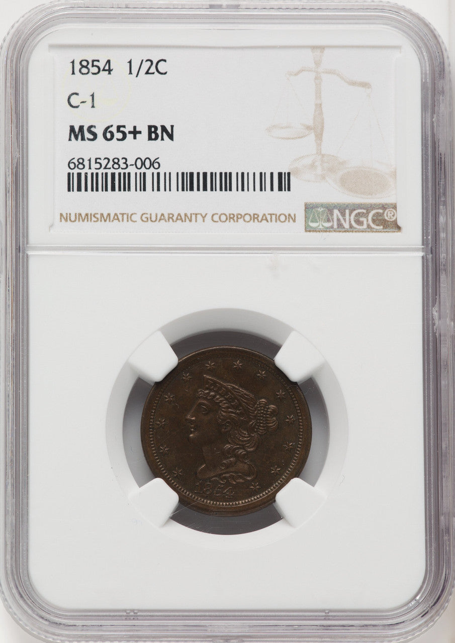 1854 1/2 C C-1 BN Half Cent NGC MS65+