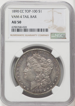 1890-CCVAM-4 Tailbar Morgan Dollar NGC AU50