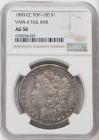 1890-CCVAM-4 Tailbar Morgan Dollar NGC AU50