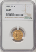 1929 $2.50 Brown Label Indian Quarter Eagle NGC MS65