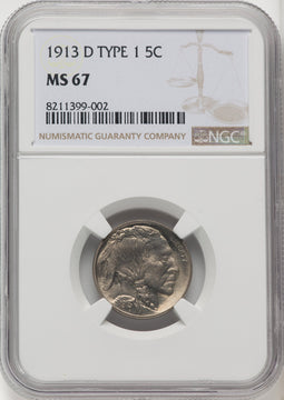1913-D Type One 5C Buffalo Nickel NGC MS67 (770406001)