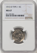 1913-D Type One 5C Buffalo Nickel NGC MS67 (770406001)