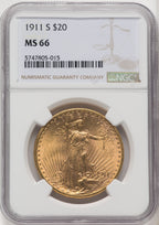 1911-S $20 Brown Label Saint-Gaudens Double Eagle NGC MS66