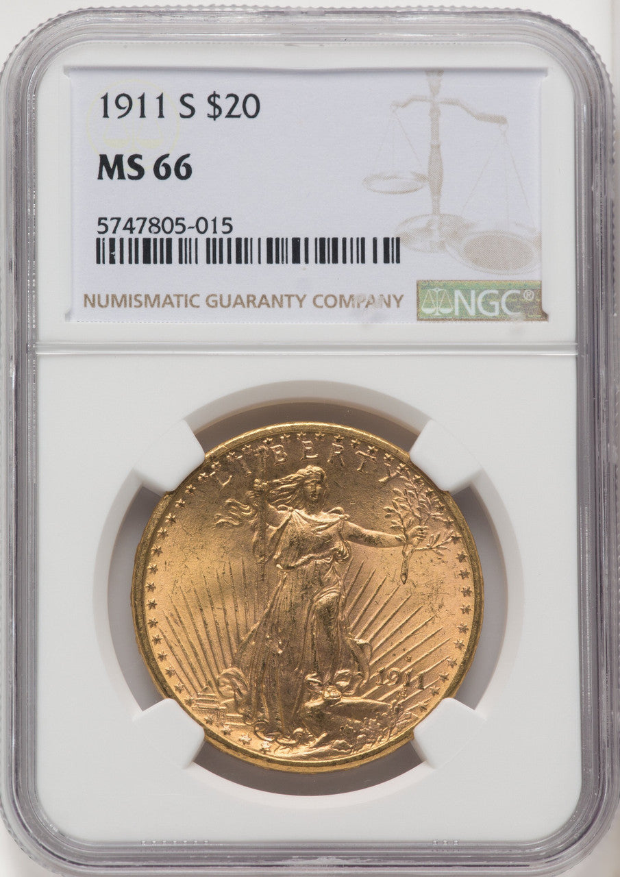 1911-S $20 Brown Label Saint-Gaudens Double Eagle NGC MS66