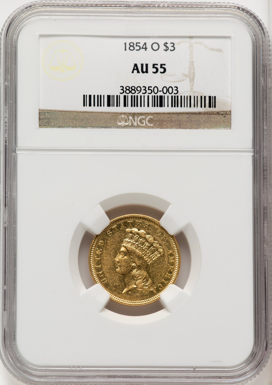 1854-O $3 Three Dollar Gold Pieces NGC AU55 (770140001)