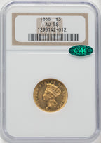 1868 $3 CAC Three Dollar Gold Pieces NGC AU58