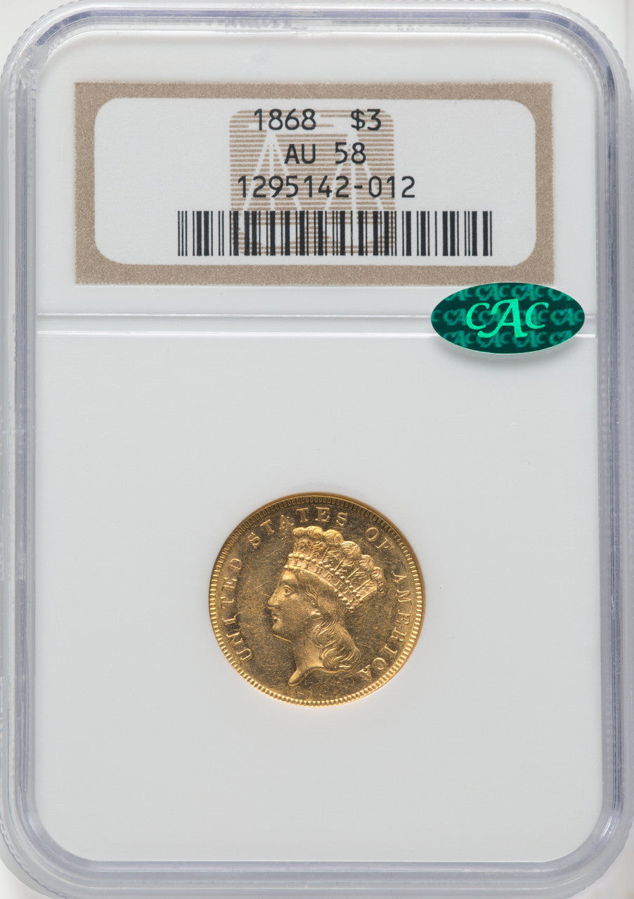 1868 $3 CAC Three Dollar Gold Pieces NGC AU58