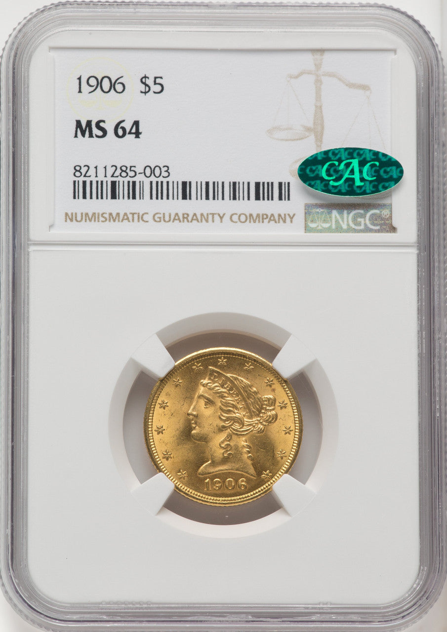1906 $5 CAC Liberty Half Eagle NGC MS64