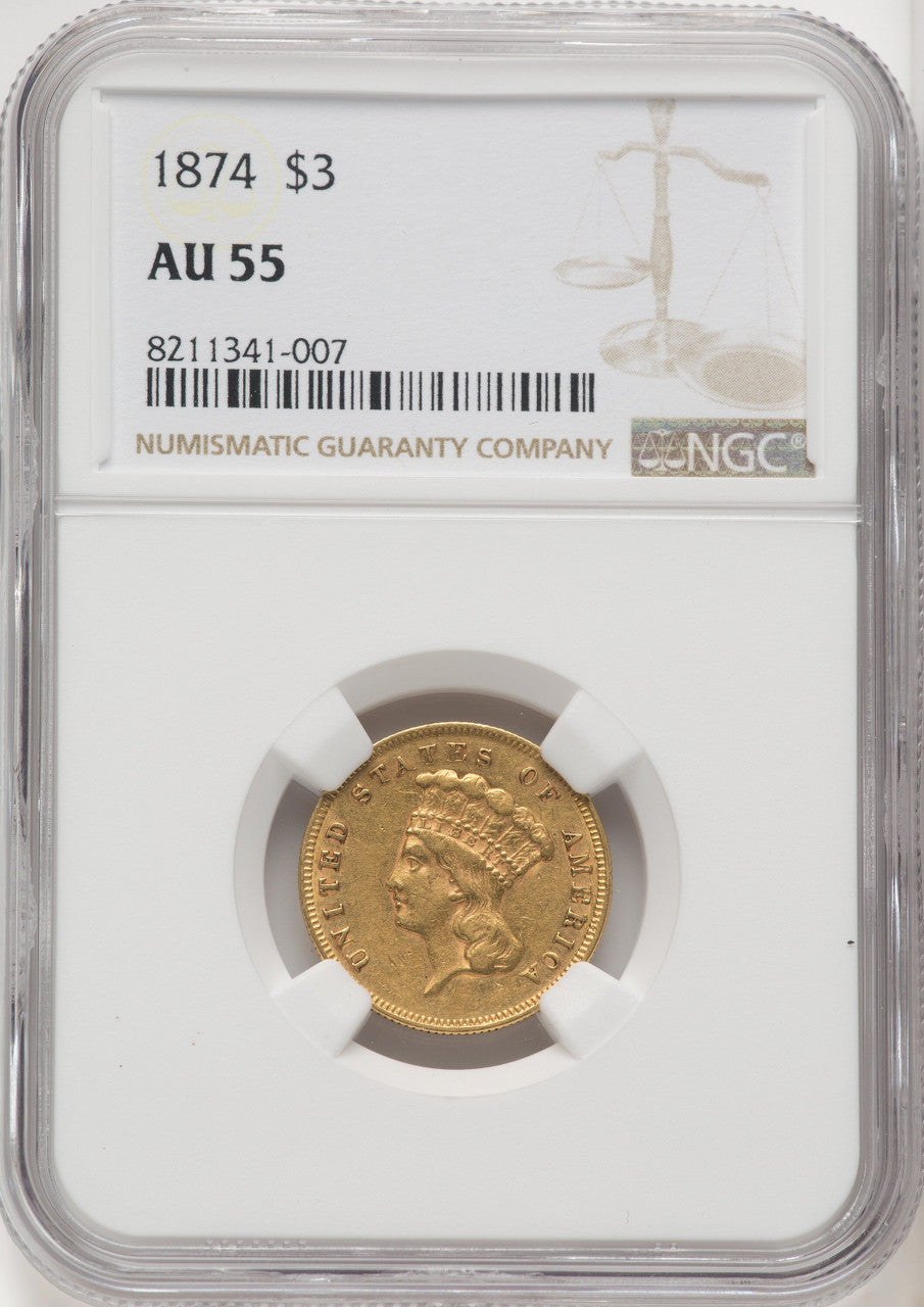 1874 $3 Gold Pieces NGC AU55