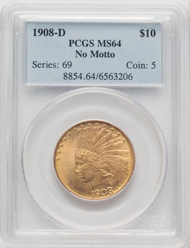1908-D $10 NO MOTTO Indian Eagle PCGS MS64 (771404001)