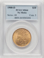 1908-D $10 NO MOTTO Indian Eagle PCGS MS64 (771404001)