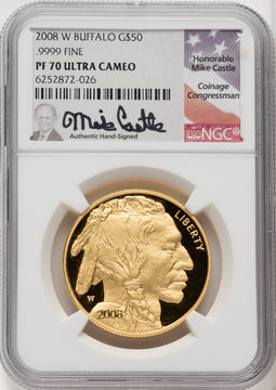 2008-W $50 One-Ounce Gold Buffalo .9999 Fine Gold Mike Castle NGC PF70 (771763034)
