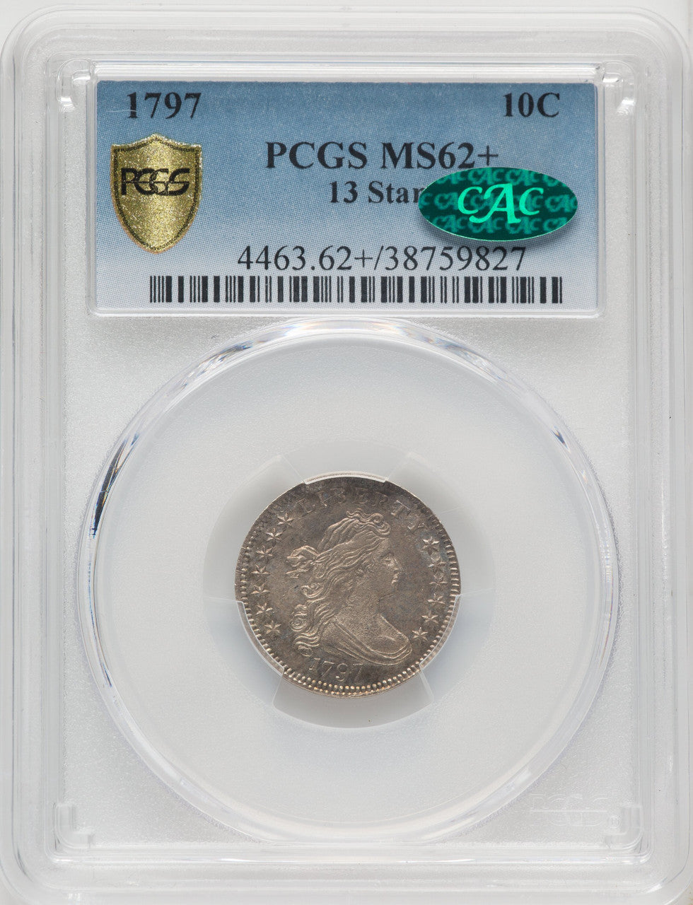 1797 10C 13 Stars CAC Early Dime PCGS MS62+