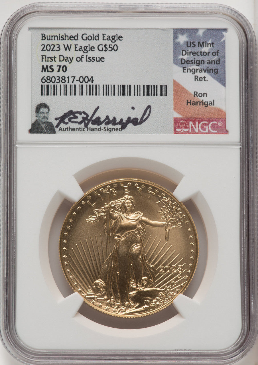 2023-W Burnished Gold Eagle 1 oz FDI Ron Harrigal NGC MS70
