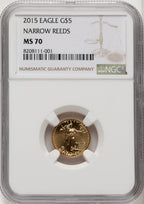 2015 $5 Tenth-Ounce Gold Eagle Narrow Reeds Brown Label NGC MS70