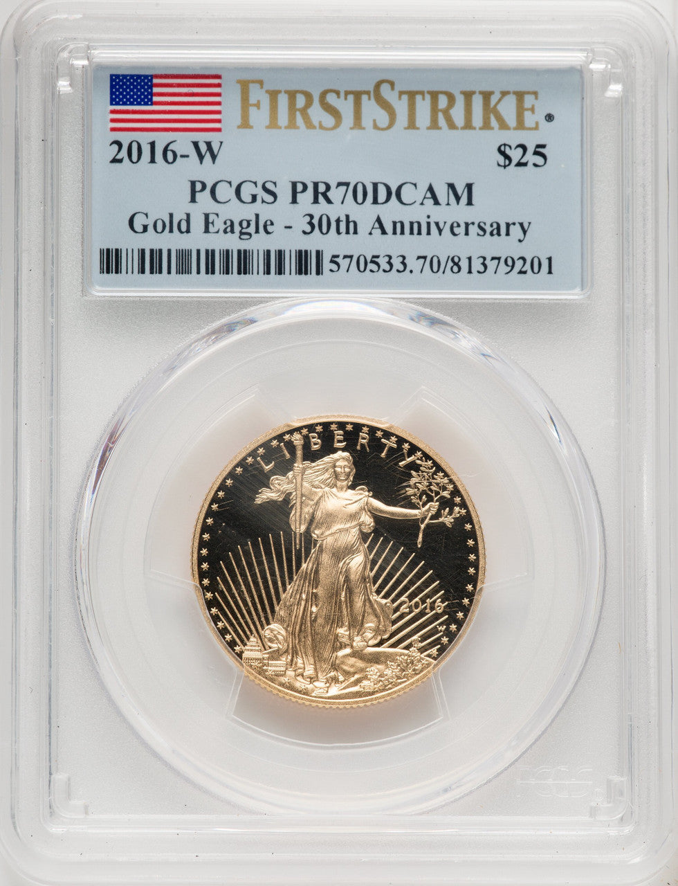 2016-W $25 Half-Ounce Gold Eagle 30th Anniversary FS Flag PCGS PR70