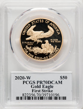 2020-W G$50 One-Ounce Gold Eagle First Day of Issue Cleveland Art Deco PRDC PCGS PR70