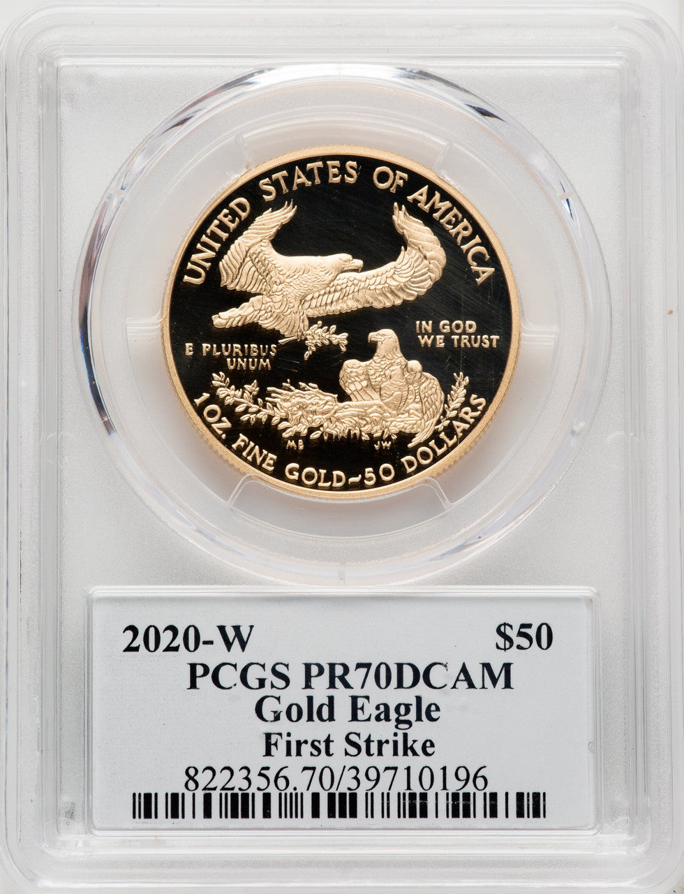 2020-W G$50 One-Ounce Gold Eagle First Day of Issue Cleveland Art Deco PRDC PCGS PR70