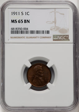 1911-S 1C BN Lincoln Cent NGC MS65