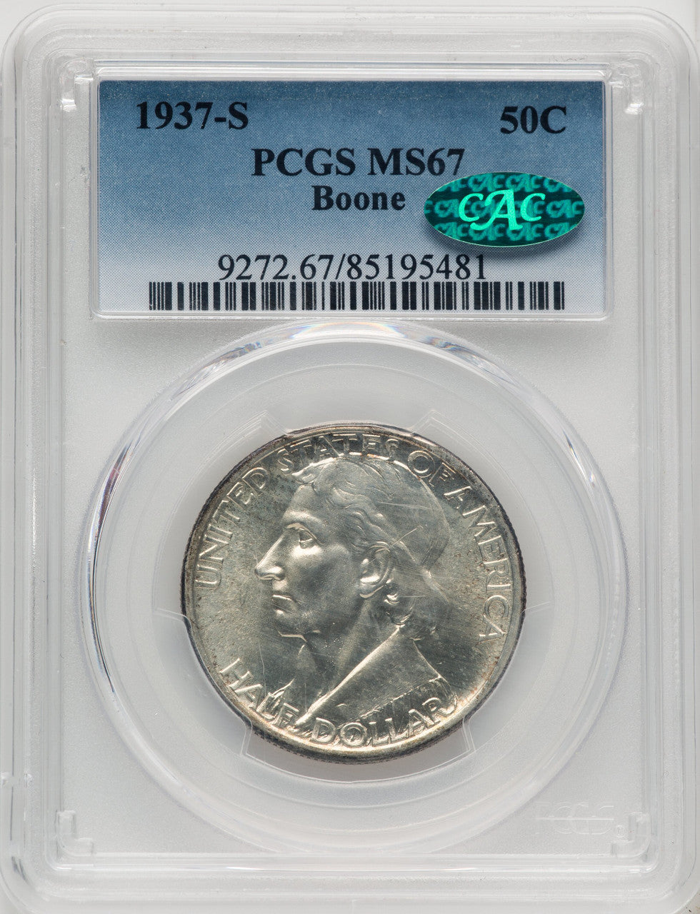 1937-S 50C Boone CAC Commemorative Silver PCGS MS67
