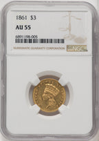 1861 $3 Three Dollar Gold Pieces NGC AU55