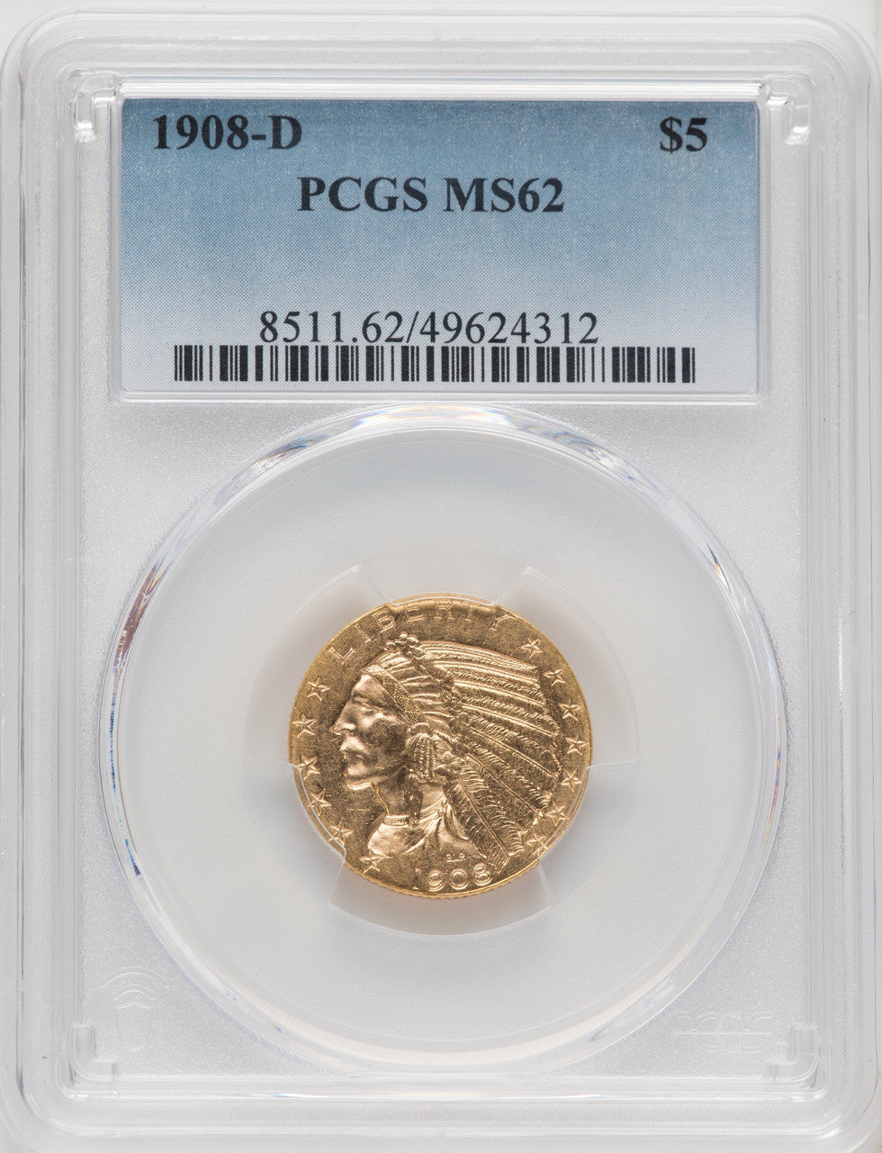 1908-D $5 Indian Half Eagle PCGS MS62