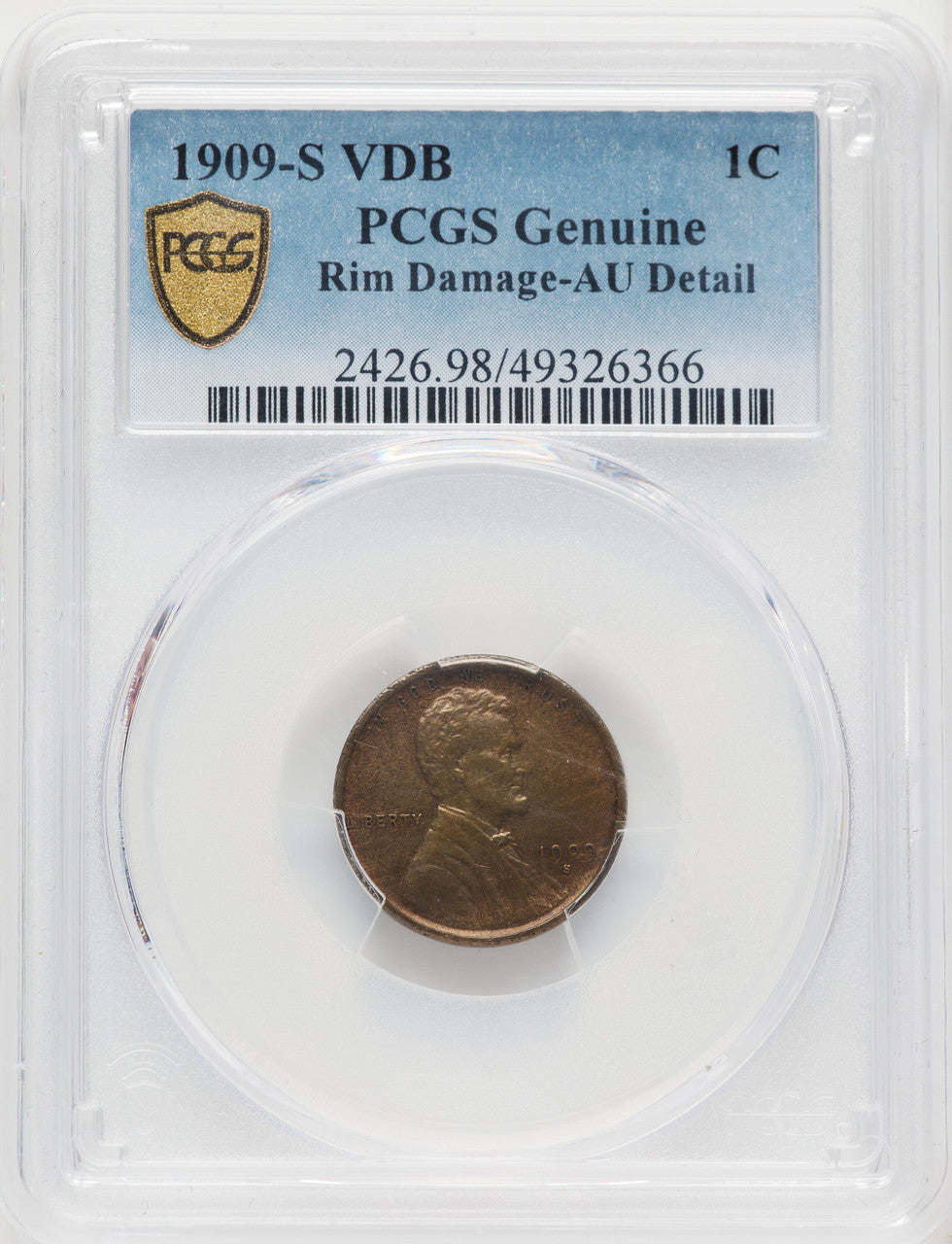 1909-S 1C VDB BN Genuine Lincoln Cent Genuine PCGS AU50