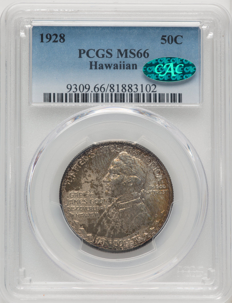 1928 50C Hawaiian CAC Commemorative Silver PCGS MS66
