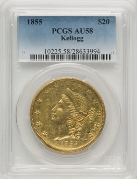 1855 Kellogg & Co. Twenty Dollar Territorial Gold PCGS AU58