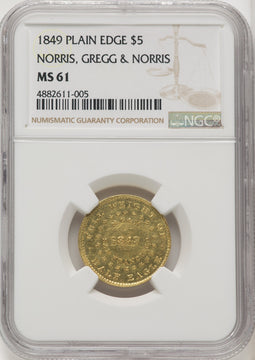 1849 Norris Greg & Norris Five Dollar P.E. Territorial Gold NGC MS61