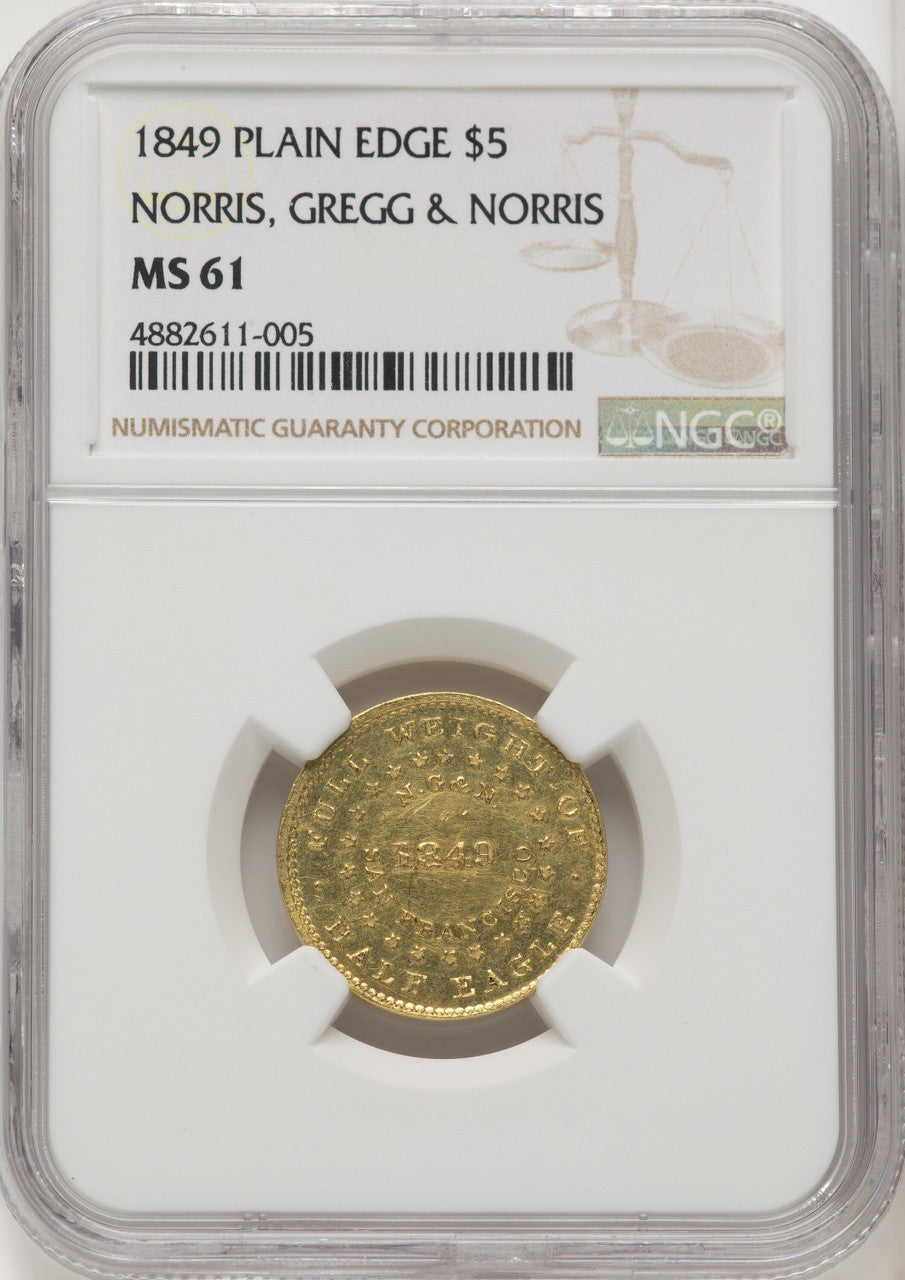 1849 Norris Greg & Norris Five Dollar P.E. Territorial Gold NGC MS61