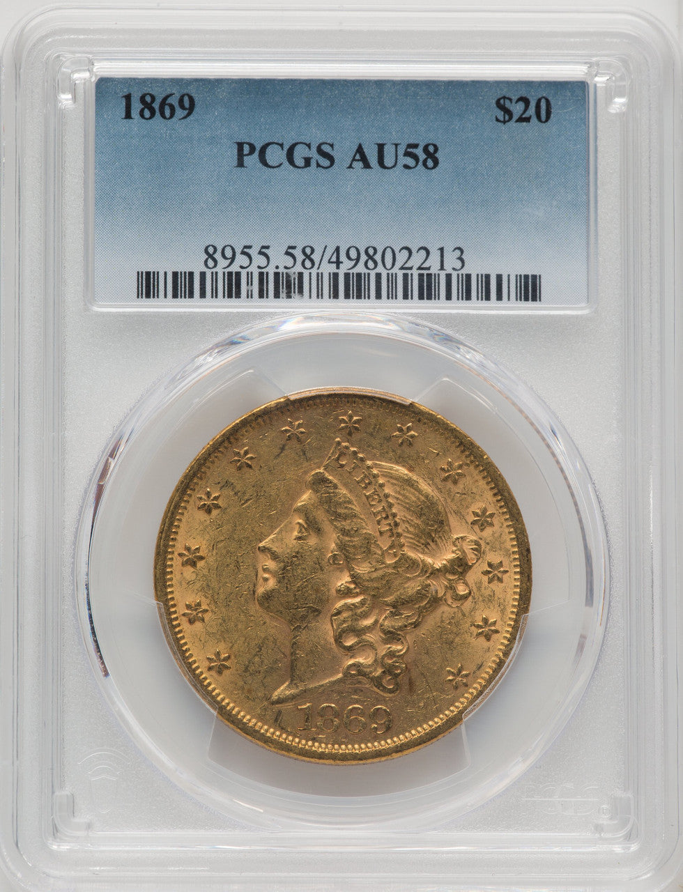 1869 $20 Liberty Double Eagle PCGS AU58