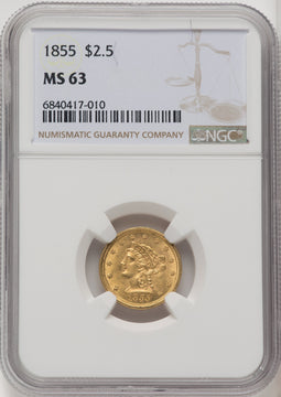 1855 $2.50 Liberty Quarter Eagle NGC MS63
