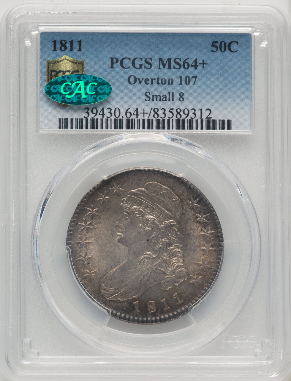 1811 50C Small 8 O-107 CAC Bust Half Dollar PCGS MS64+
