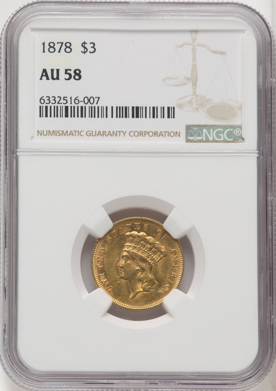 1878 $3 Three Dollar Gold Pieces NGC AU58 (771493015)