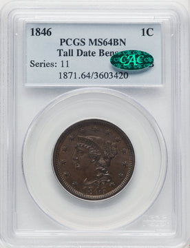 1846 1C Tall Date BN CAC Large Cent PCGS MS64