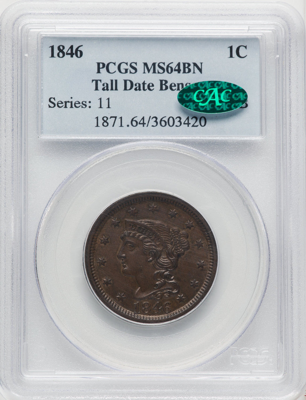 1846 1C Tall Date BN CAC Large Cent PCGS MS64