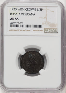1723 Rosa Americana Halfpenny Crowned Rose BN Colonials NGC AU55