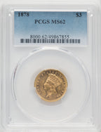 1878 $3 Three Dollar Gold Pieces PCGS MS62 (771966012)