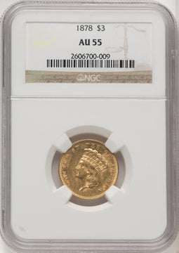 1878 $3 Three Dollar Gold Pieces NGC AU55 (771966011)