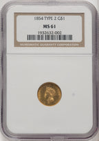 1854 G$1 Type Two Gold Dollar NGC MS61 (771966002)
