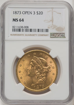 1873 $20 OPEN 3 Liberty Double Eagle NGC MS64