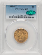 1891-CC $5 CAC Liberty Half Eagle PCGS MS62