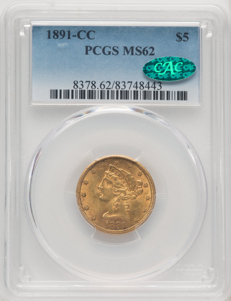 1891-CC $5 CAC Liberty Half Eagle PCGS MS62