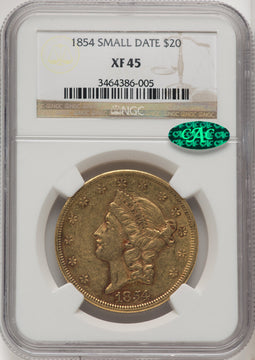 1854 $20 Small Date Liberty Double Eagle CACG XF45