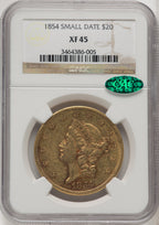 1854 $20 Small Date Liberty Double Eagle CACG XF45