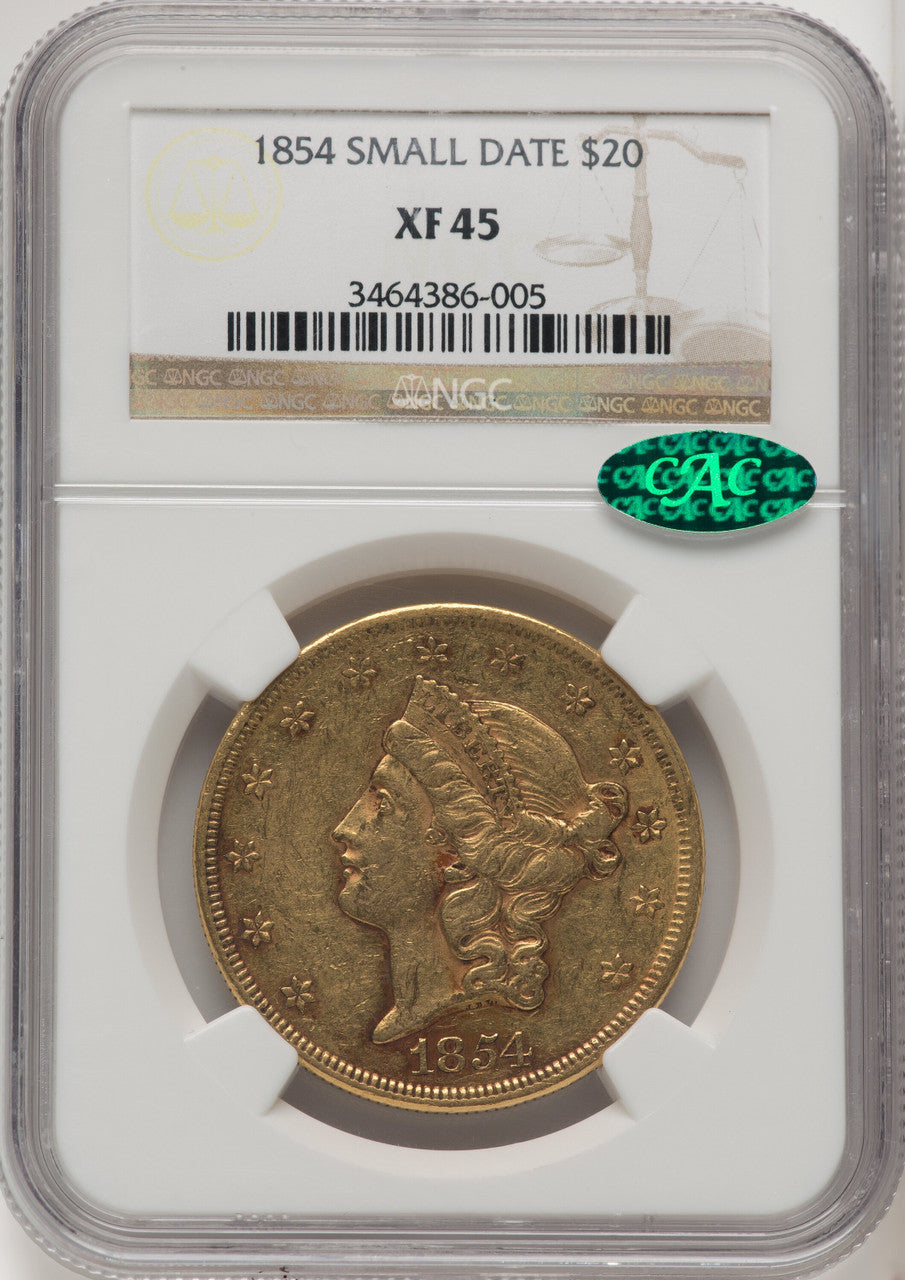 1854 $20 Small Date Liberty Double Eagle CACG XF45