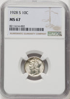 1928-S 10C Mercury Dime CACG MS67