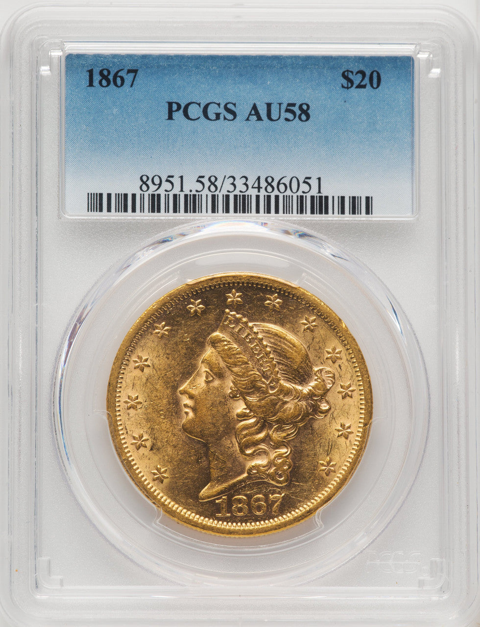 1867 $20 Liberty Double Eagle PCGS AU58